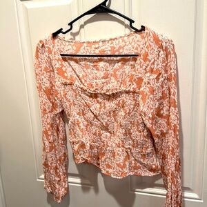 Pink floral cropped long sleeve blouse top